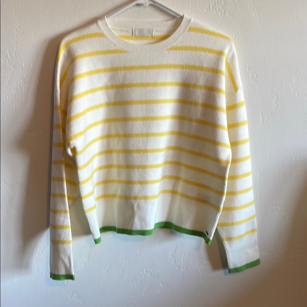 Q2 White Sweater with Yellow and Green Accents